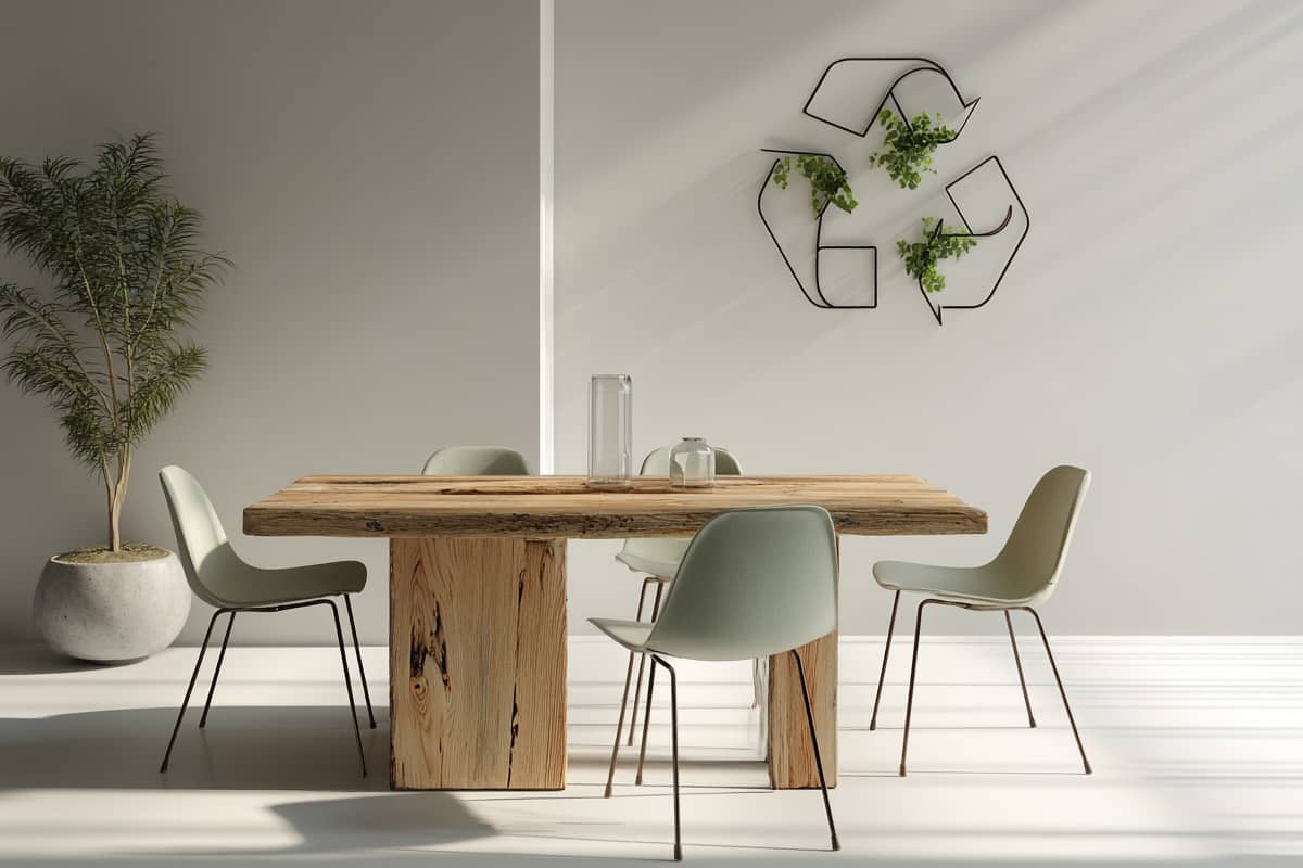 Mobile moderno in materiali riciclati con simbolo del riciclo integrato nel design: stile scandinavo, elementi green e atmosfera sostenibile